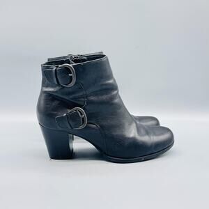 Born Boots Women 7.5 Black Leather Ankle Bootie Buckle Strap Side Zip Block Heel